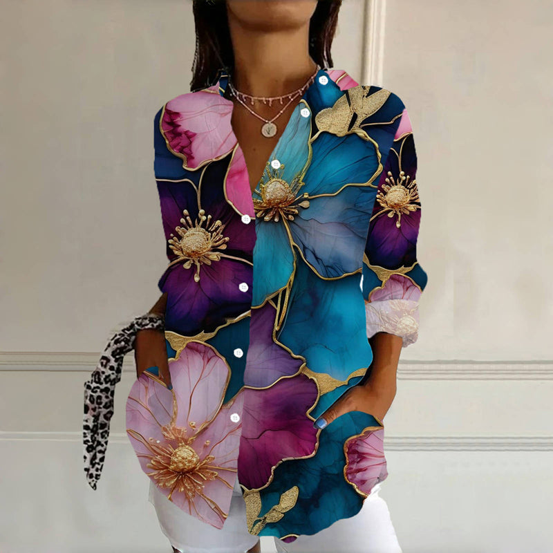 【Długie Rękaw】 Vintage Floral Print Bluzka