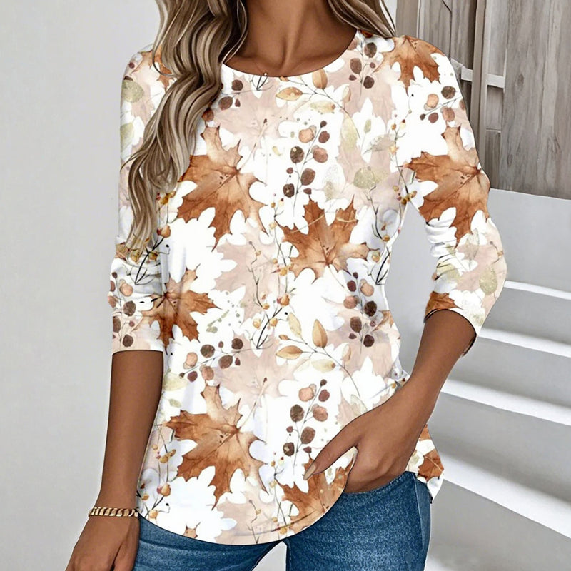 【Długi Rękaw】T-Shirt Casual Z Liściastym Nadrukiem